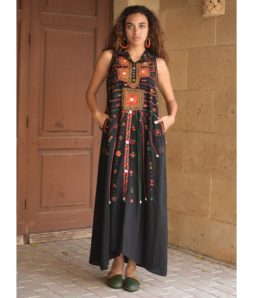 Black Siwa Heavily Embroidered Linen Dress with Hoodie handmade in Egypt & available at Jozee Boutique.