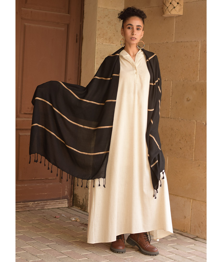 Black & Beige Handwoven Viscose Shawl handmade in Egypt & available at Jozee Boutique.handmade in Egypt & available at Jozee Boutique.