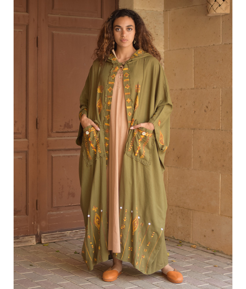 Army green Siwa Embroidered Linen Cardigan/Abaya with Hoodie handmade in Egypt & available at Jozee Boutique.