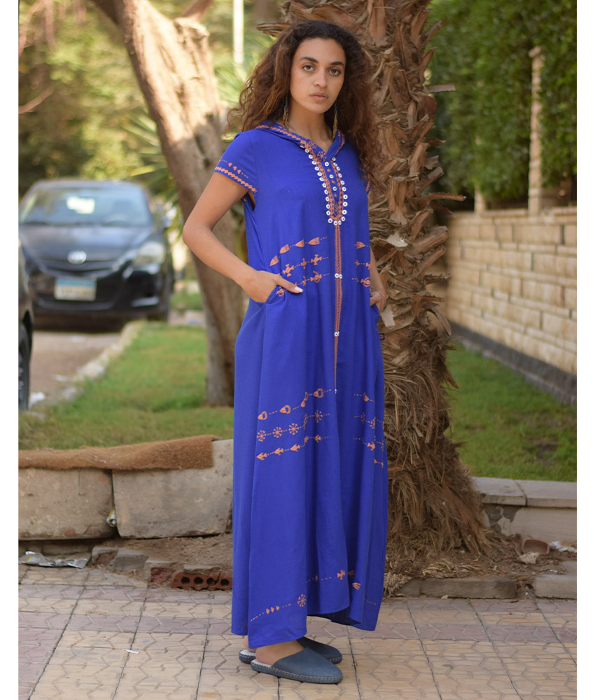 Electric Blue Siwa Embroidered Linen Dress with Hoodie handmade in Egypt & available at Jozee Boutique.