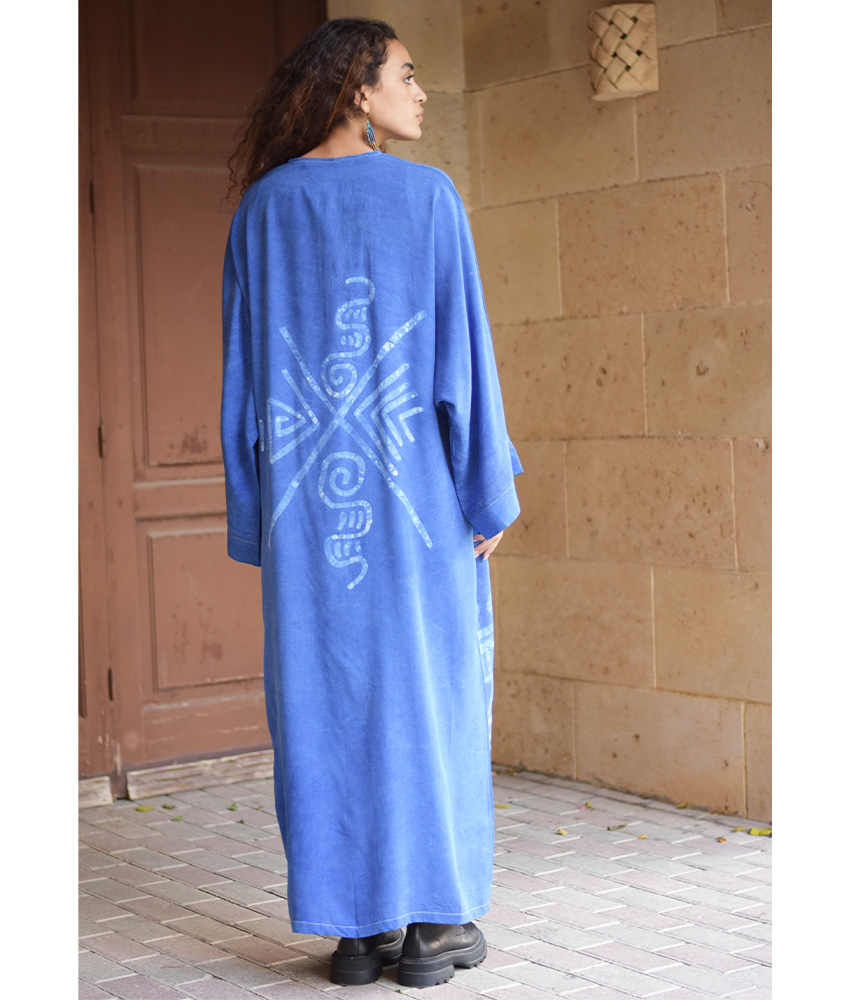 Denim Blue Batik Dyed Nubian Cardigan handmade in Egypt & available at Jozee Boutique.