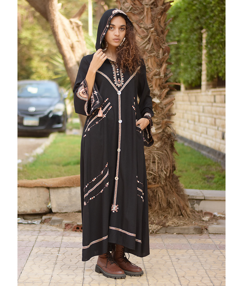 Black Siwa Embroidered Linen Dress with Hoodie handmade in Egypt & available at Jozee Boutique.