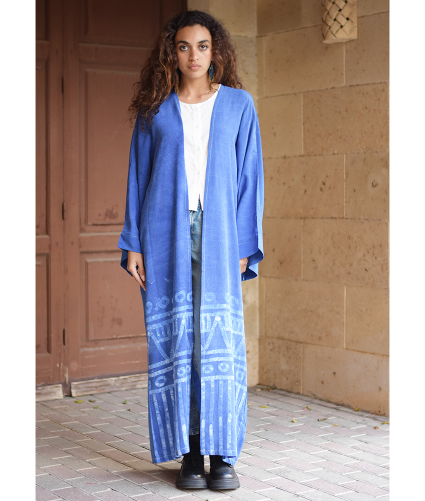 Denim Blue Batik Dyed Nubian Cardigan handmade in Egypt & available at Jozee Boutique.