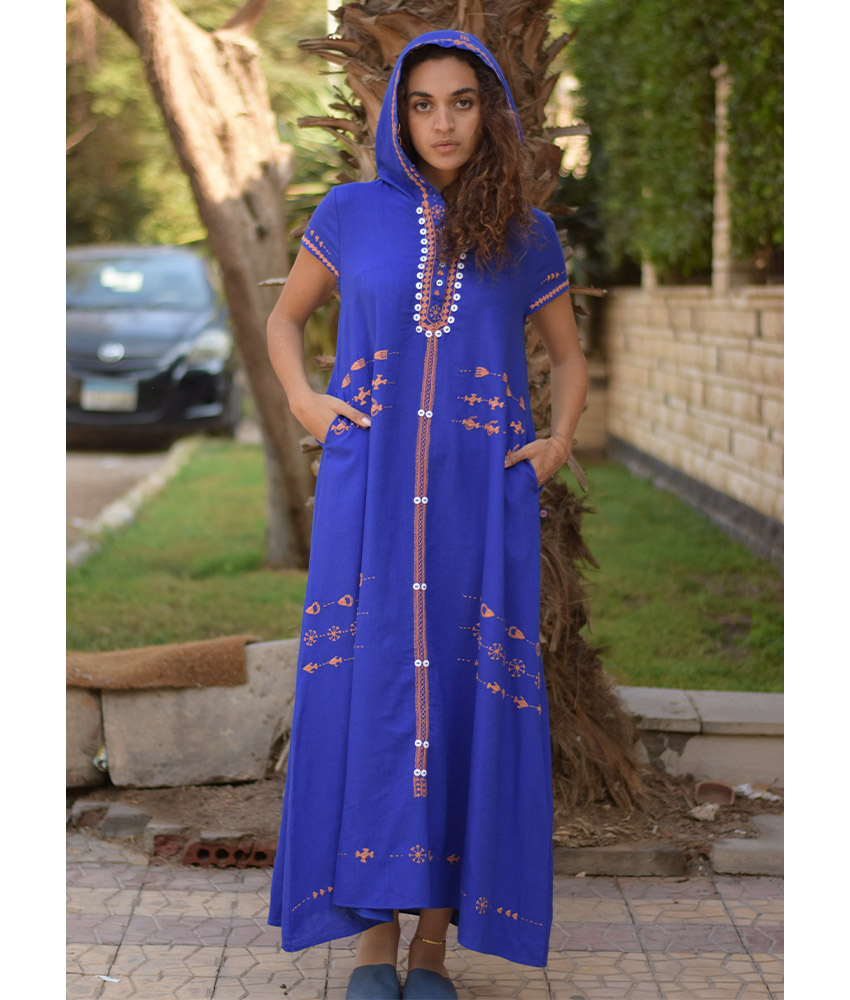 Electric Blue Siwa Embroidered Linen Dress with Hoodie handmade in Egypt & available at Jozee Boutique.