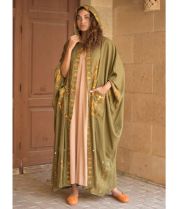 Army green Siwa Embroidered Linen Cardigan/Abaya with Hoodie handmade in Egypt & available at Jozee Boutique.