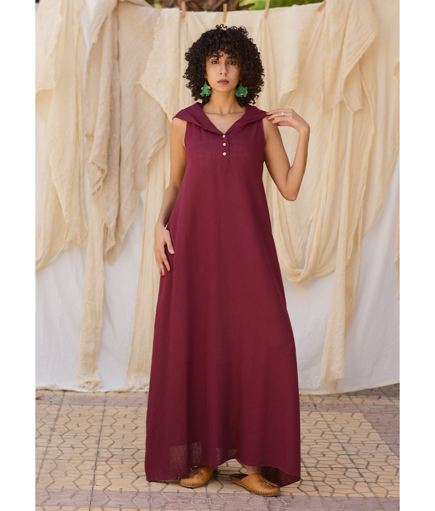 Burgundy Linen Dress with Hoodie handmade in Egypt & available at Jozee Boutique.