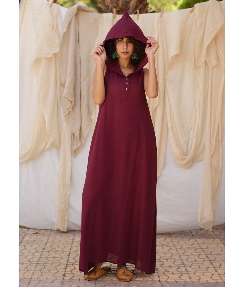 Burgundy Linen Dress with Hoodie handmade in Egypt & available at Jozee Boutique.