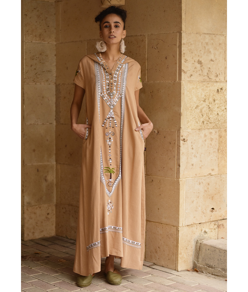 Dark Beige Siwa Embroidered Linen Dress with Hoodie handmade in Egypt & available at Jozee Boutique.