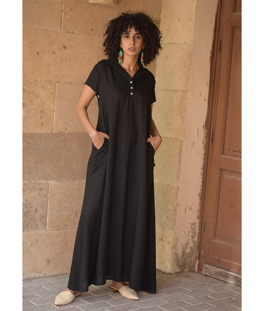 Black Linen Dress with Hoodie handmade in Egypt & available at Jozee Boutique.