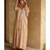 Dark Beige Siwa Embroidered Linen Dress with Hoodie handmade in Egypt & available at Jozee Boutique.