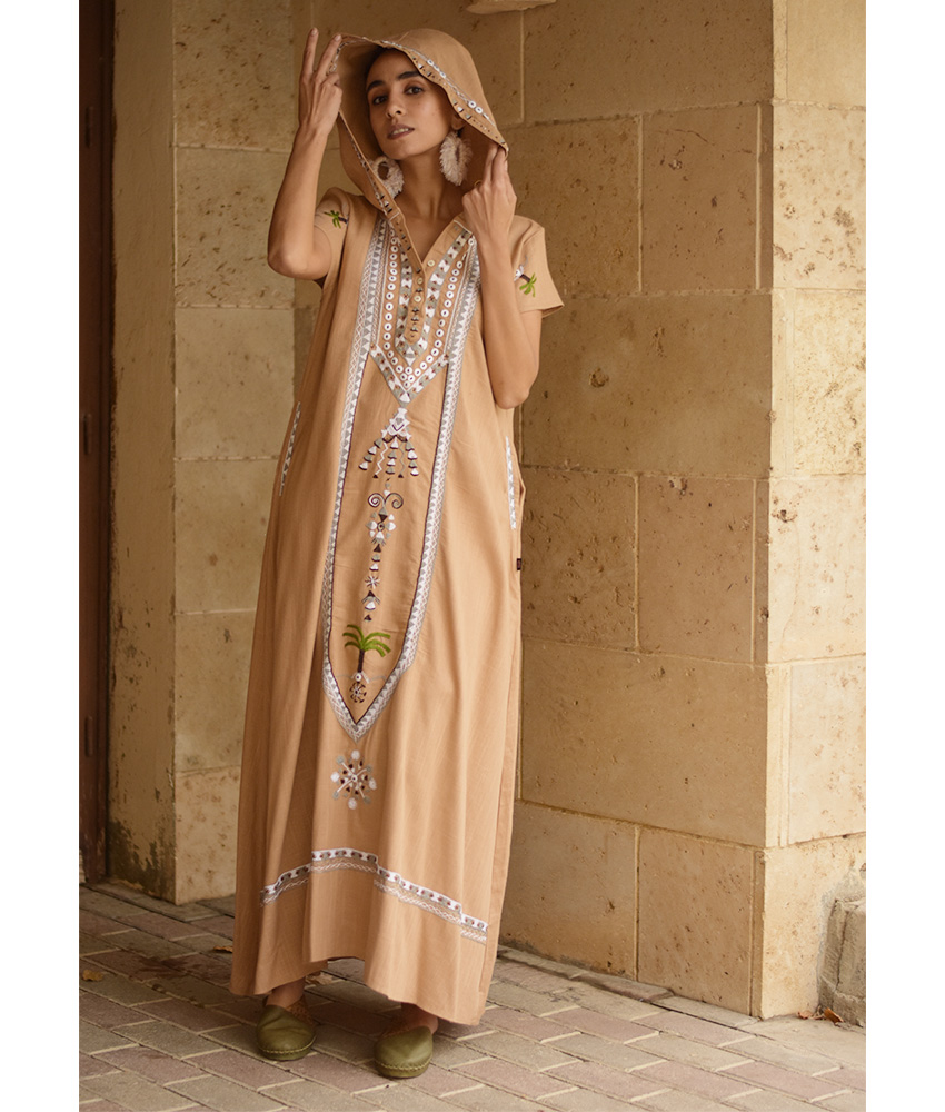 Dark Beige Siwa Embroidered Linen Dress with Hoodie handmade in Egypt & available at Jozee Boutique.