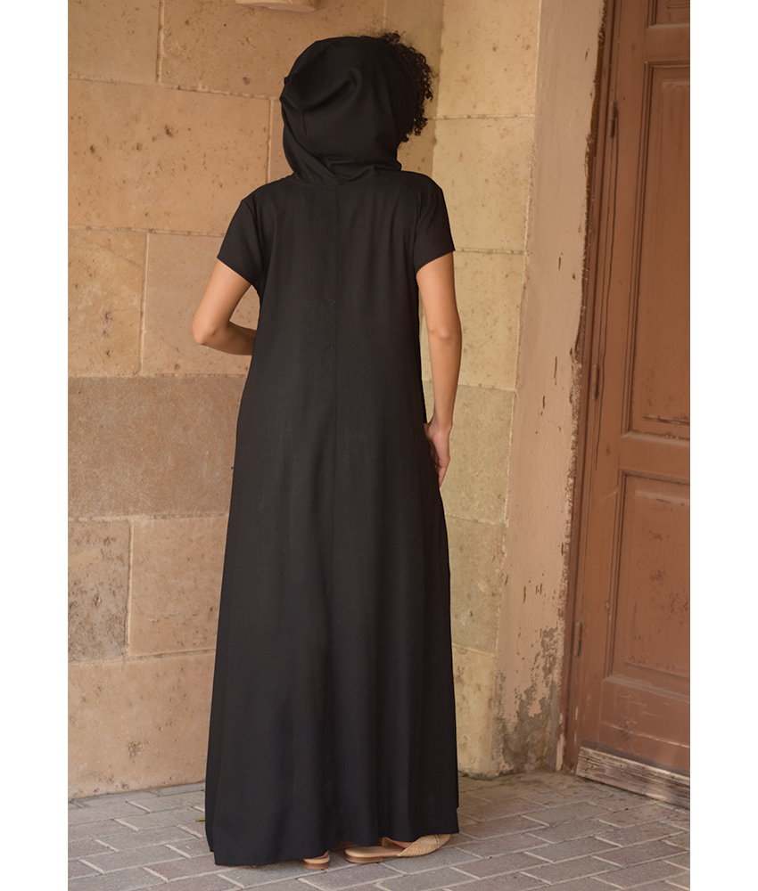 Black Linen Dress with Hoodie handmade in Egypt & available at Jozee Boutique.