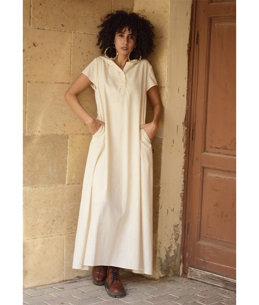Off white Linen Dress with Hoodie handmade in Egypt & available at Jozee Boutique.