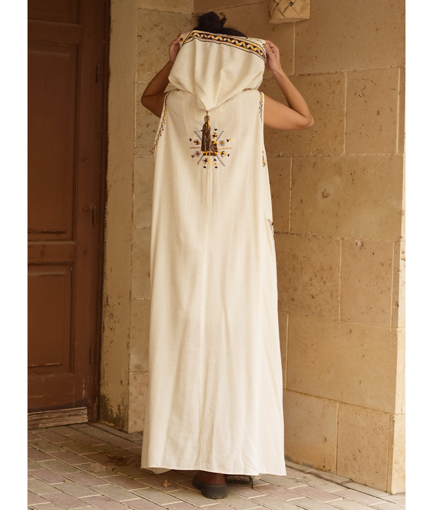 Off white Siwa Embroidered Linen Dress with Hoodie handmade in Egypt & available at Jozee Boutique.