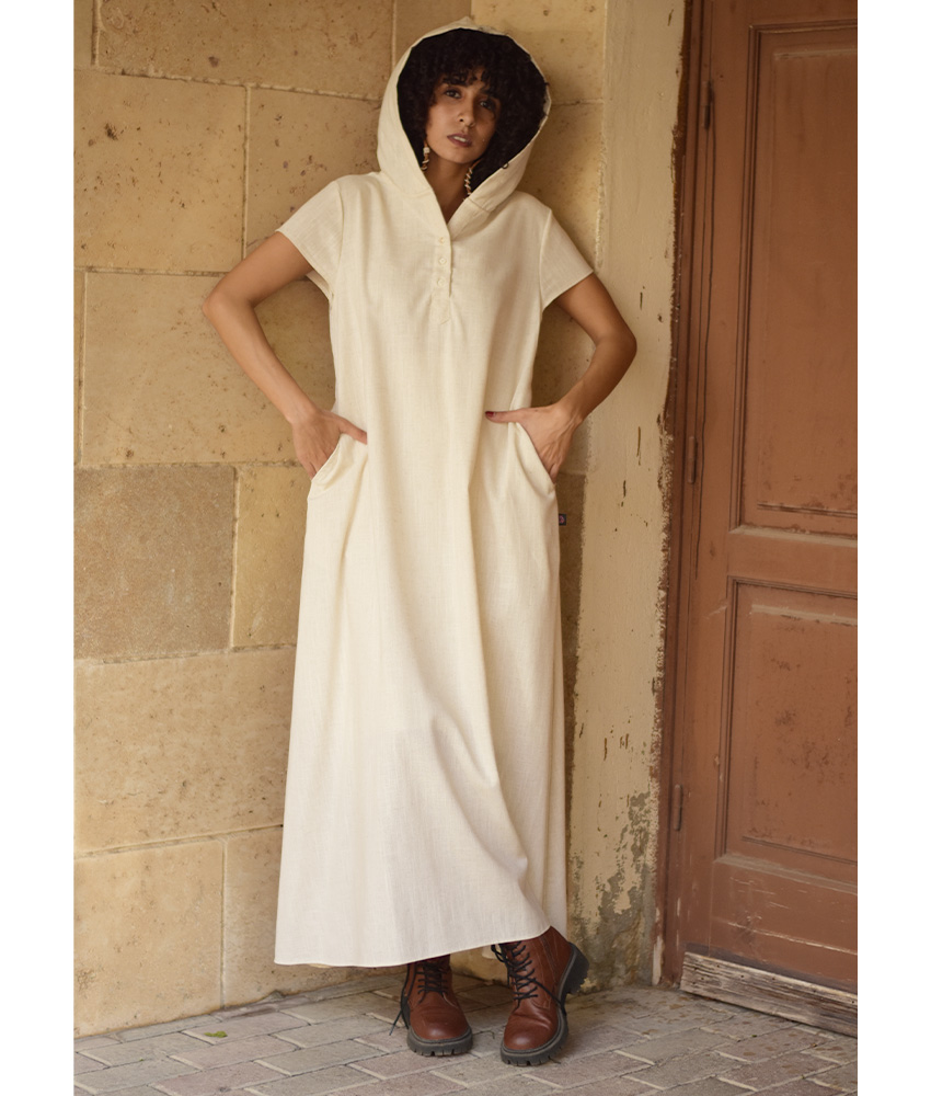 Off white Linen Dress with Hoodie handmade in Egypt & available at Jozee Boutique.