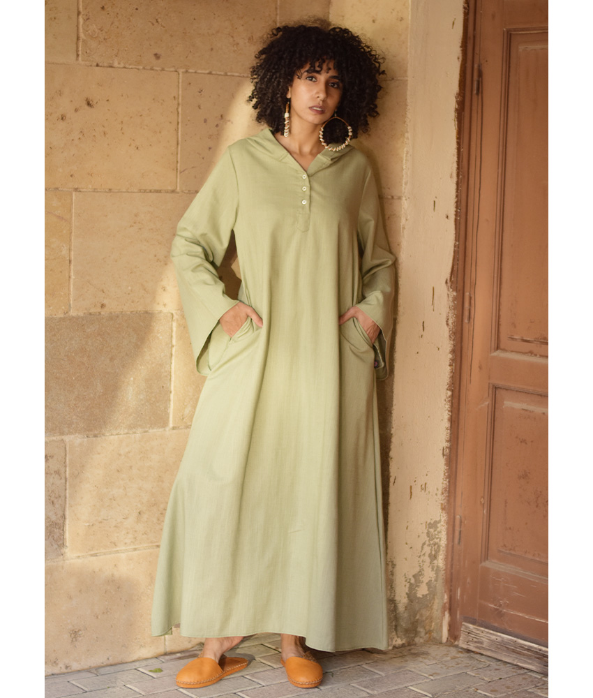 Light Olive Linen Dress with Hoodie handmade in Egypt & available at Jozee Boutique.