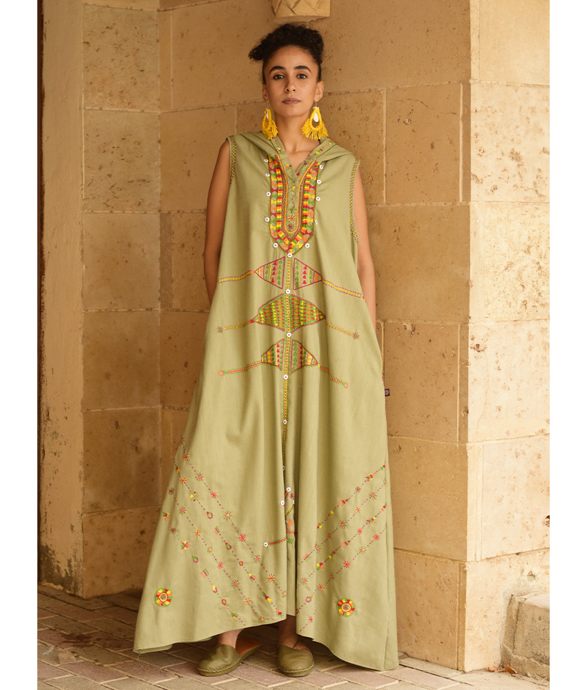 Light olive Siwa Heavily Embroidered Linen Dress with Hoodie handmade in Egypt & available at Jozee Boutique.