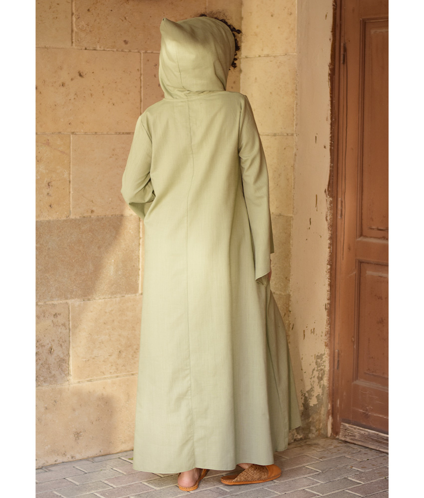 Light Olive Linen Dress with Hoodie handmade in Egypt & available at Jozee Boutique.