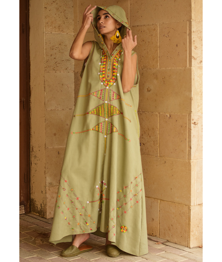 Light olive Siwa Heavily Embroidered Linen Dress with Hoodie handmade in Egypt & available at Jozee Boutique.
