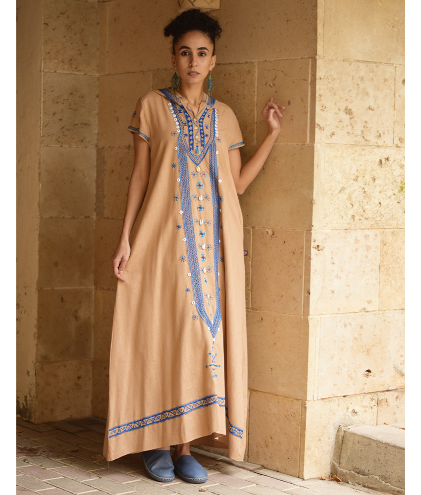 Dark Beige Siwa Embroidered Linen Dress with Hoodie handmade in Egypt & available at Jozee Boutique.