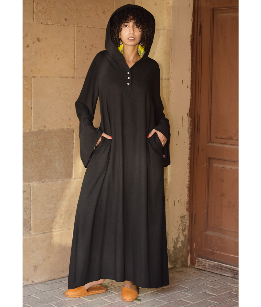Black Linen Dress with Hoodie handmade in Egypt & available at Jozee Boutique.