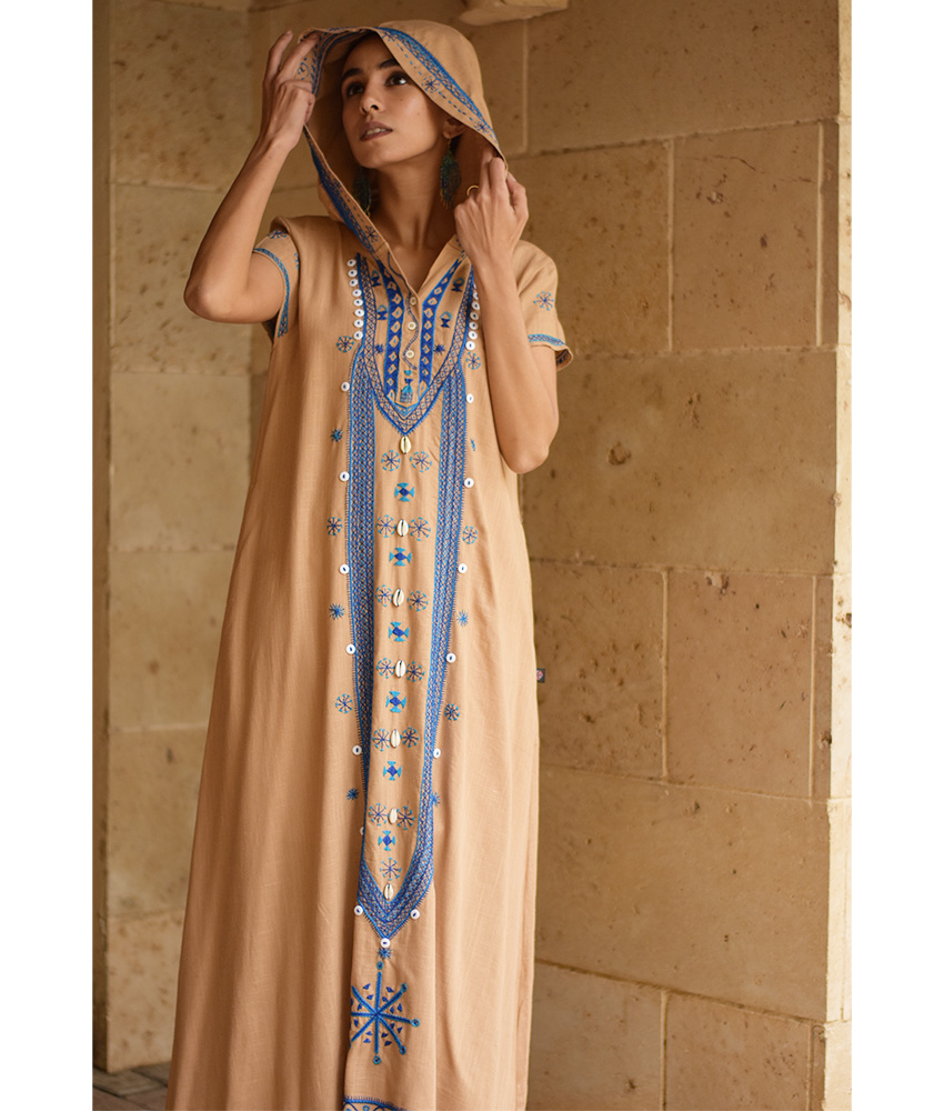 Dark Beige Siwa Embroidered Linen Dress with Hoodie handmade in Egypt & available at Jozee Boutique.