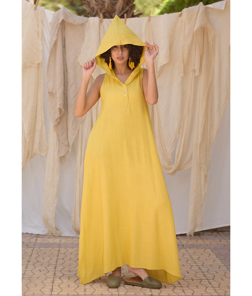 Mustard Linen Dress with Hoodie handmade in Egypt & available at Jozee Boutique.