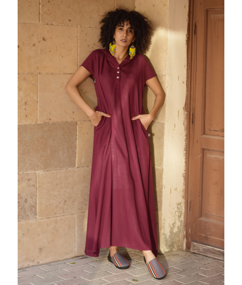 Burgundy Linen Dress with Hoodie  Short Sleeves - Jozee Boutique