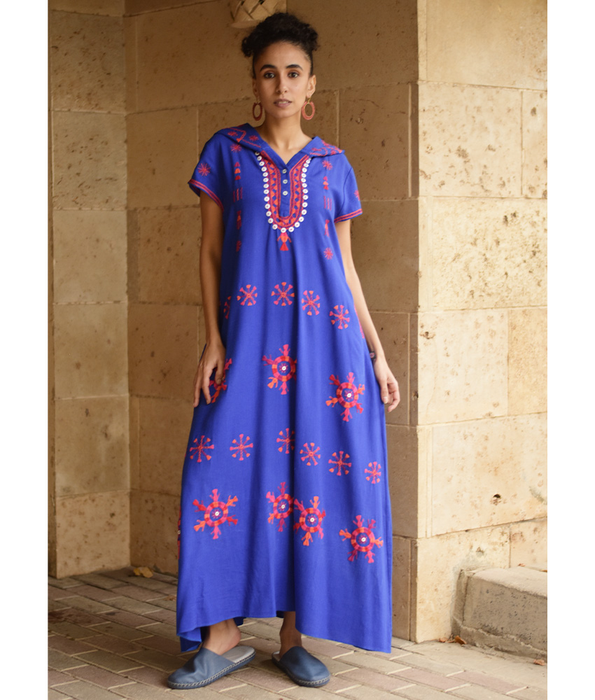 Electric Blue Siwa Heavily Embroidered Linen Dress with Hoodie handmade in Egypt & available at Jozee Boutique.