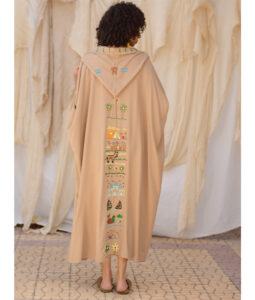 Dark Beige Hand Embroidered Linen Kaftan with Hoodie handmade in Egypt & available at Jozee Boutique.