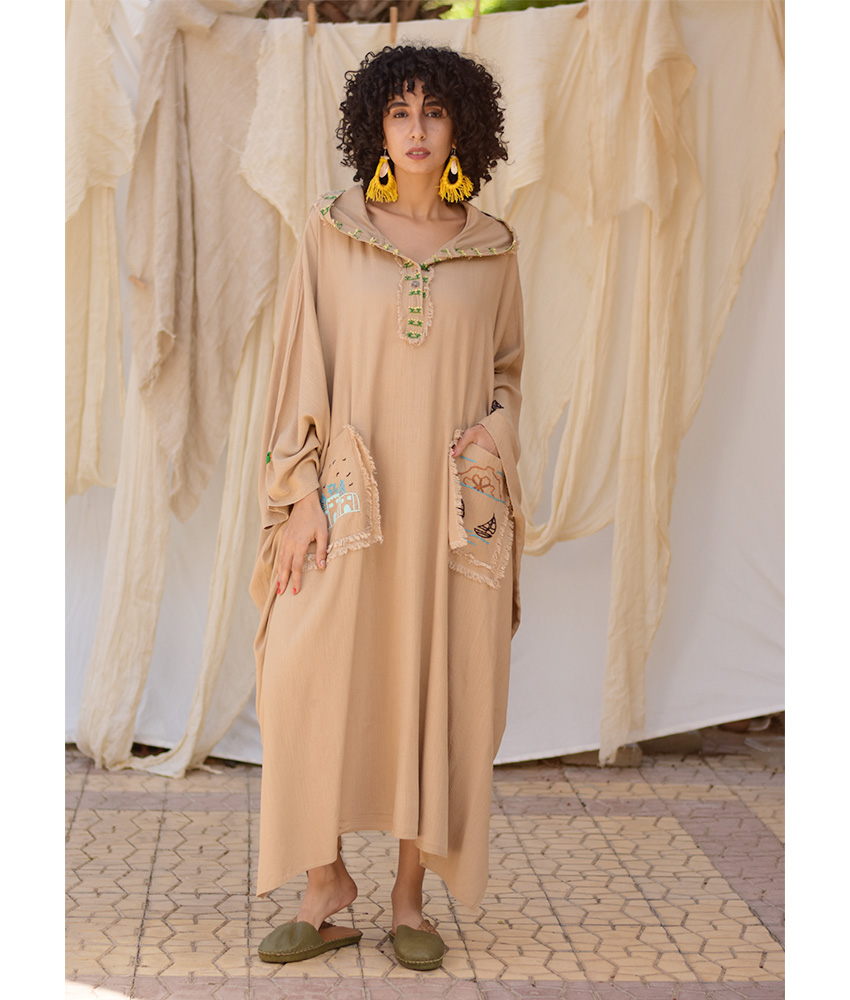Dark Beige Hand Embroidered Linen Kaftan with Hoodie handmade in Egypt & available at Jozee Boutique.