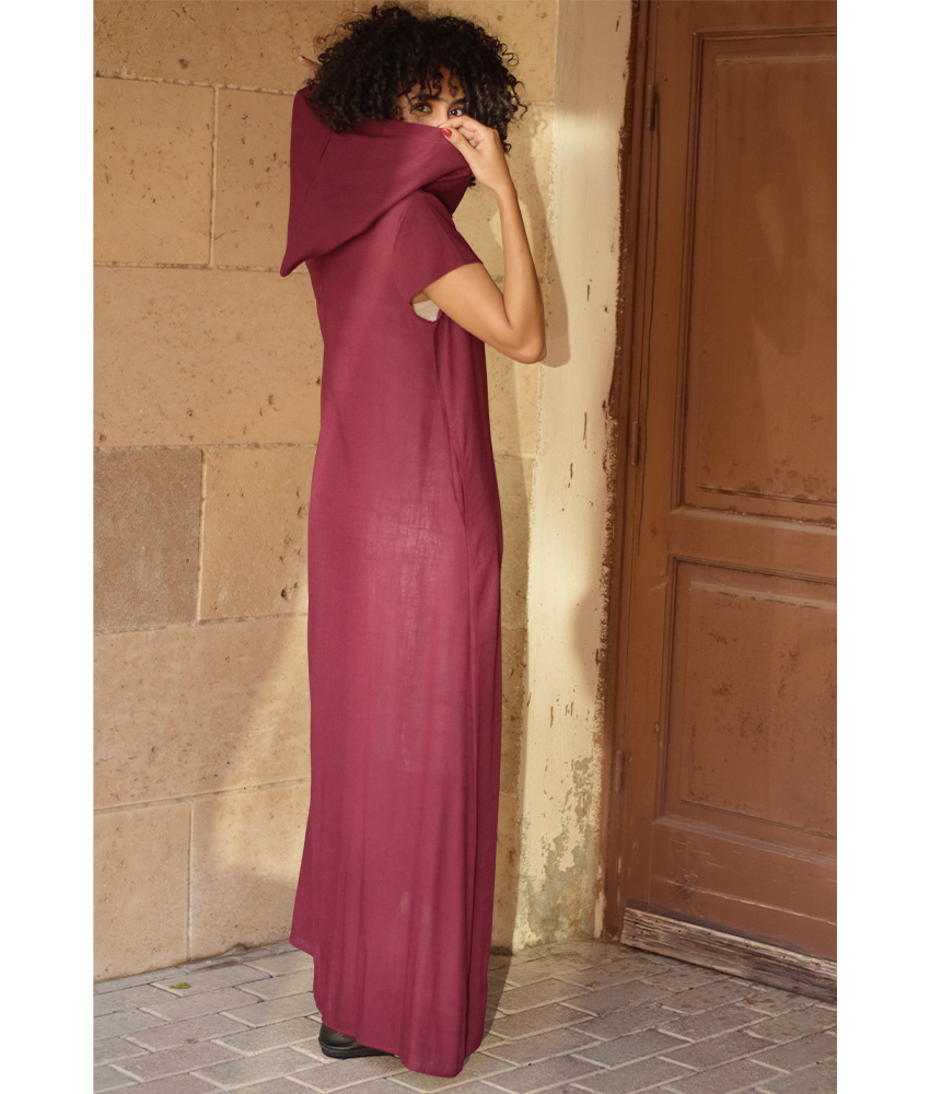 Burgundy Linen Dress with Hoodie handmade in Egypt & available at Jozee Boutique.