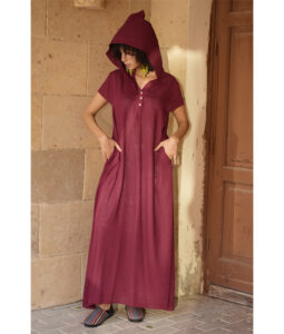 Burgundy Linen Dress with Hoodie handmade in Egypt & available at Jozee Boutique.