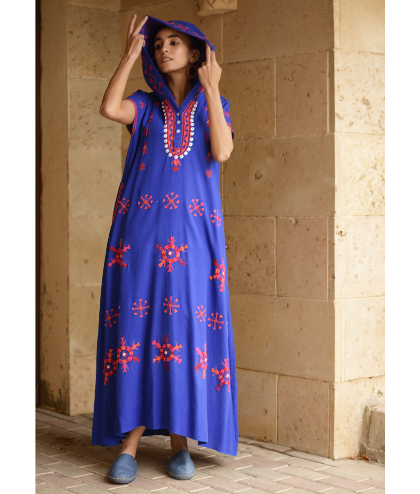 Electric Blue Siwa Heavily Embroidered Linen Dress with Hoodie handmade in Egypt & available at Jozee Boutique.