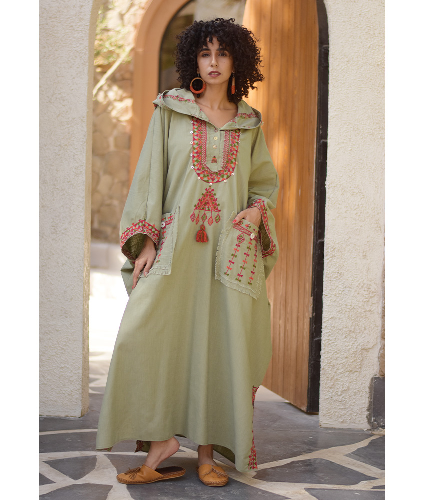 Light olive Siwa Embroidered Linen Kaftan with Hoodie handmade in Egypt & available at Jozee Boutique.