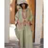 Light olive Siwa Embroidered Linen Kaftan with Hoodie handmade in Egypt & available at Jozee Boutique.