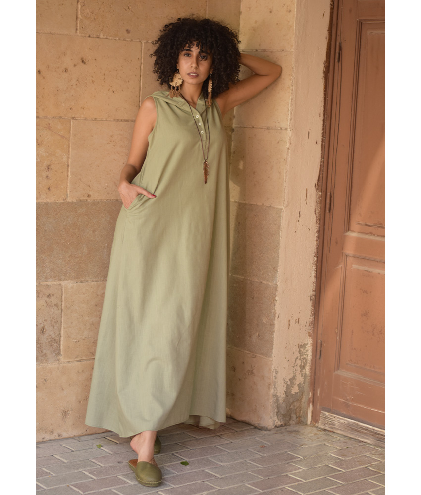 Light Olive Linen Dress with Hoodie handmade in Egypt & available at Jozee Boutique.