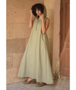 Light Olive Linen Dress with Hoodie handmade in Egypt & available at Jozee Boutique.