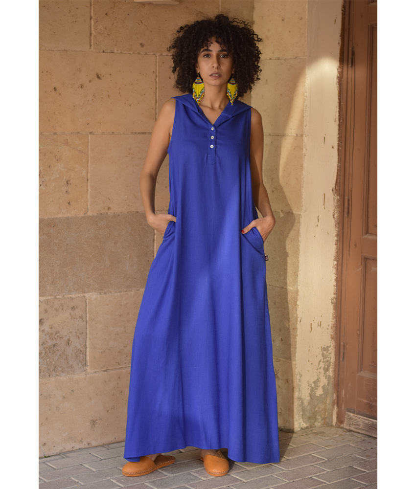 Electric Blue Linen Dress with Hoodie handmade in Egypt & available at Jozee Boutique.