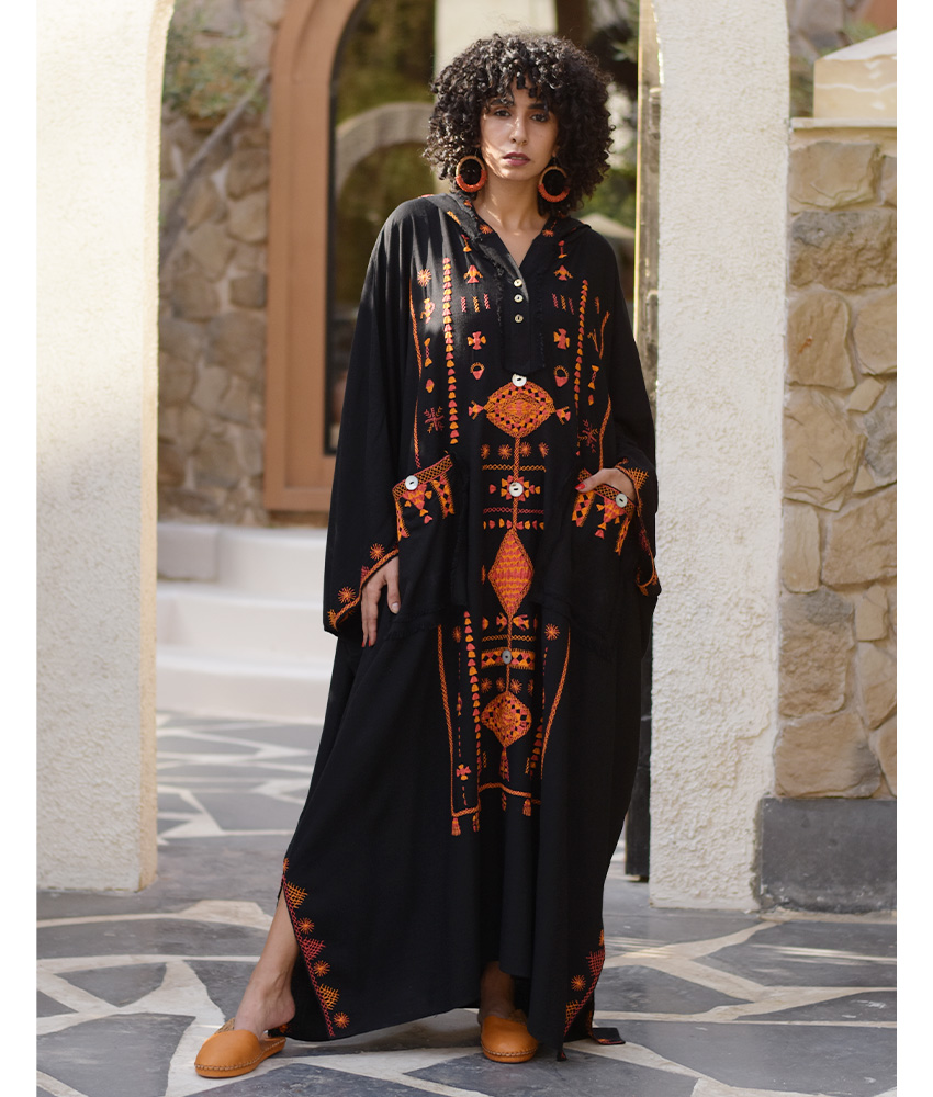 Black Siwa Embroidered Linen Kaftan with Hoodie handmade in Egypt & available at Jozee Boutique.