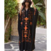 Black Siwa Embroidered Linen Kaftan with Hoodie handmade in Egypt & available at Jozee Boutique.