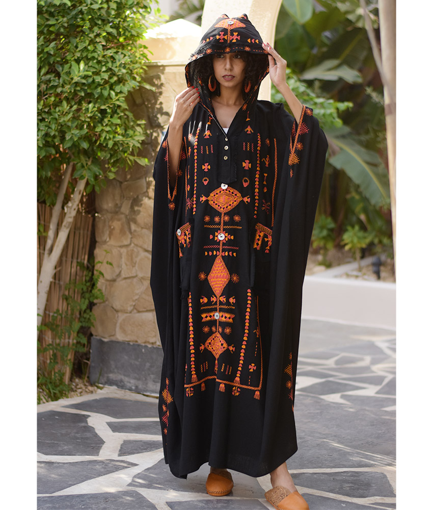 Black Siwa Embroidered Linen Kaftan with Hoodie handmade in Egypt & available at Jozee Boutique.