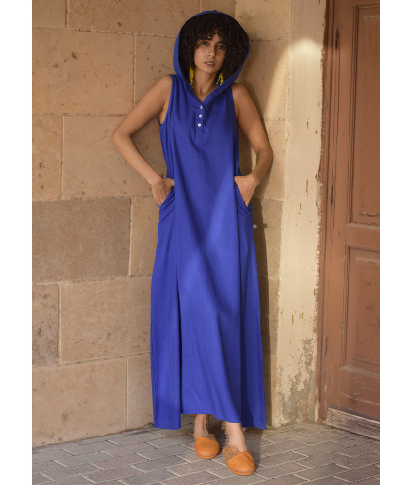 Electric Blue Linen Dress with Hoodie handmade in Egypt & available at Jozee Boutique.