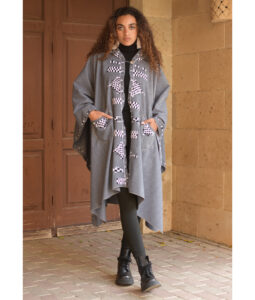 Grey Siwa Embroidered Wool Midi Cape handmade in Egypt & available at Jozee Boutique.