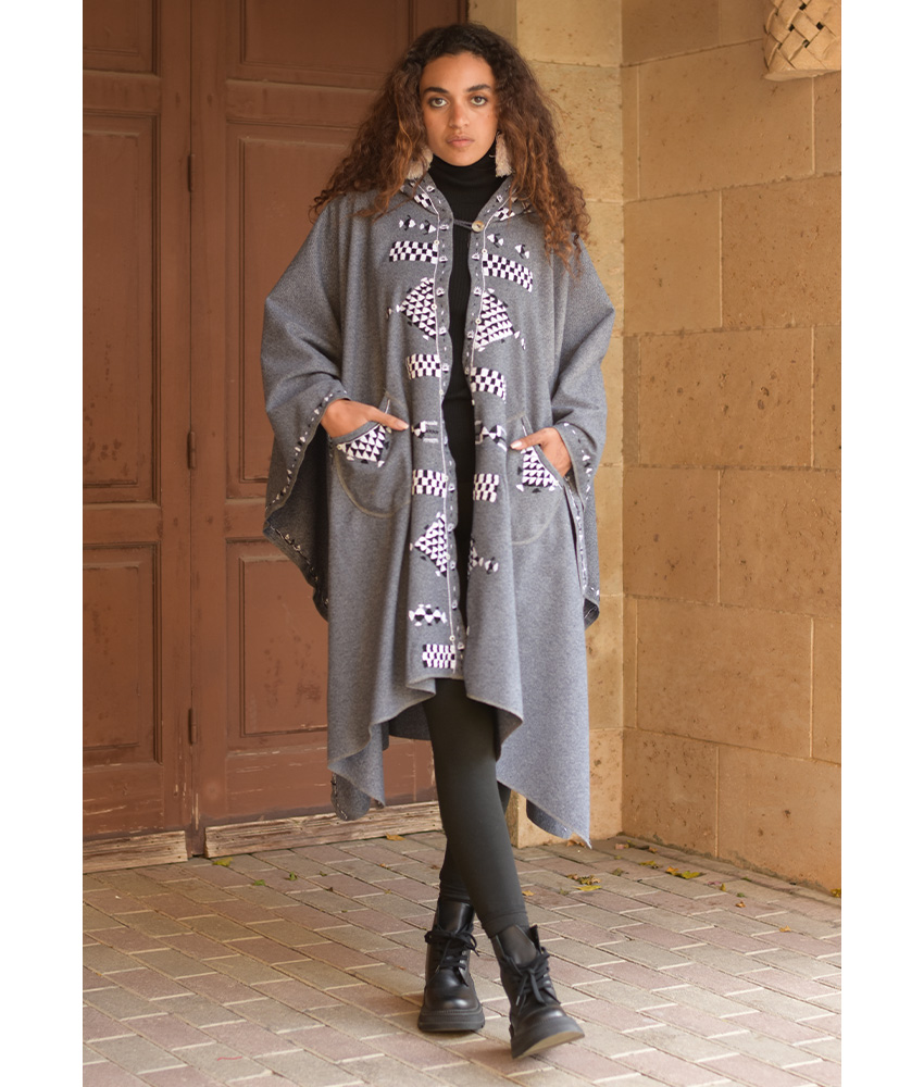 Grey Siwa Embroidered Wool Midi Cape handmade in Egypt & available at Jozee Boutique.