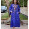 Electric Blue Siwa Heavily Embroidered Linen Dress with Hoodie handmade in Egypt & available at Jozee Boutique.