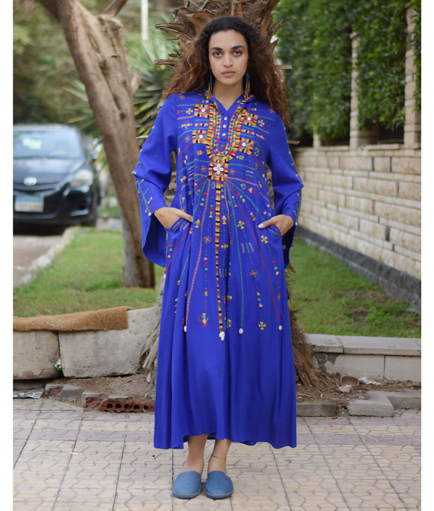 Electric Blue Siwa Heavily Embroidered Linen Dress with Hoodie handmade in Egypt & available at Jozee Boutique.