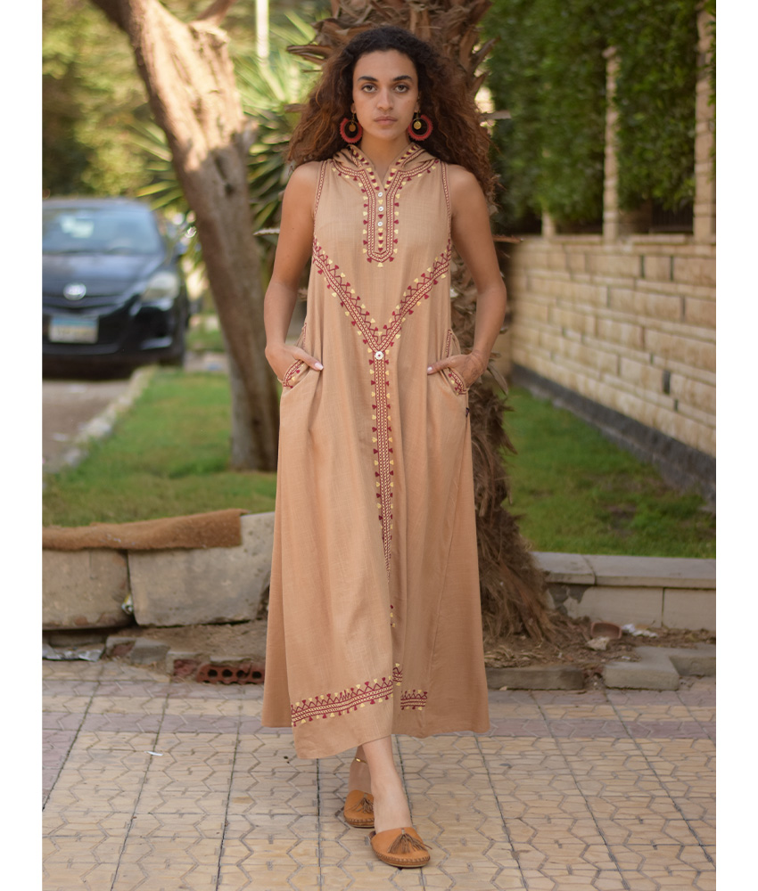 Dark Beige Siwa Embroidered Linen Dress with Hoodie handmade in Egypt & available at Jozee Boutique.