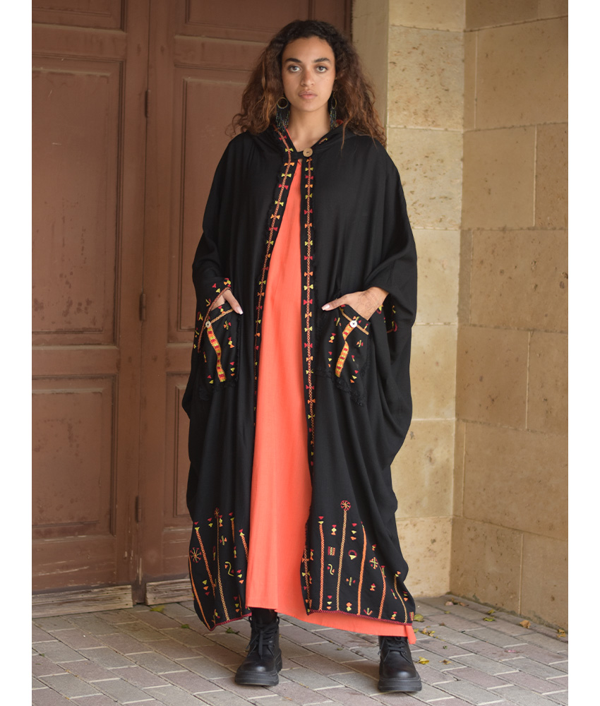 Black Siwa Embroidered Linen Cardigan/Abaya with Hoodie handmade in Egypt & available at Jozee Boutique.