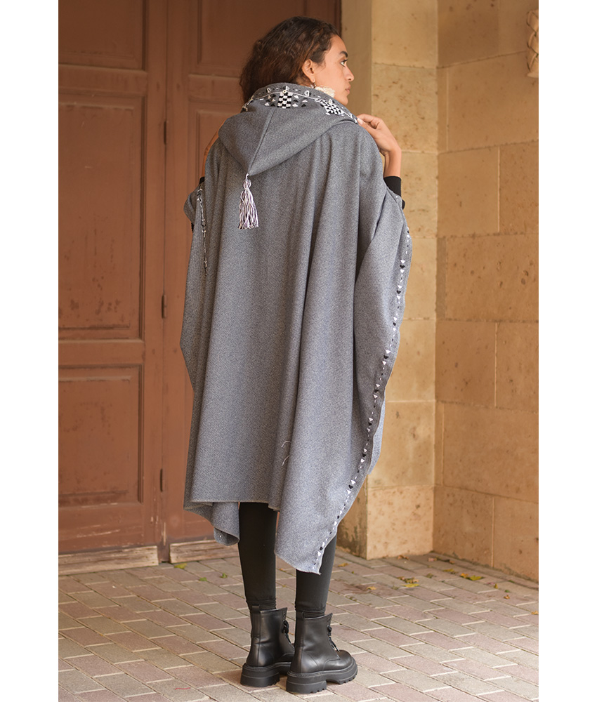Grey Siwa Embroidered Wool Midi Cape handmade in Egypt & available at Jozee Boutique.